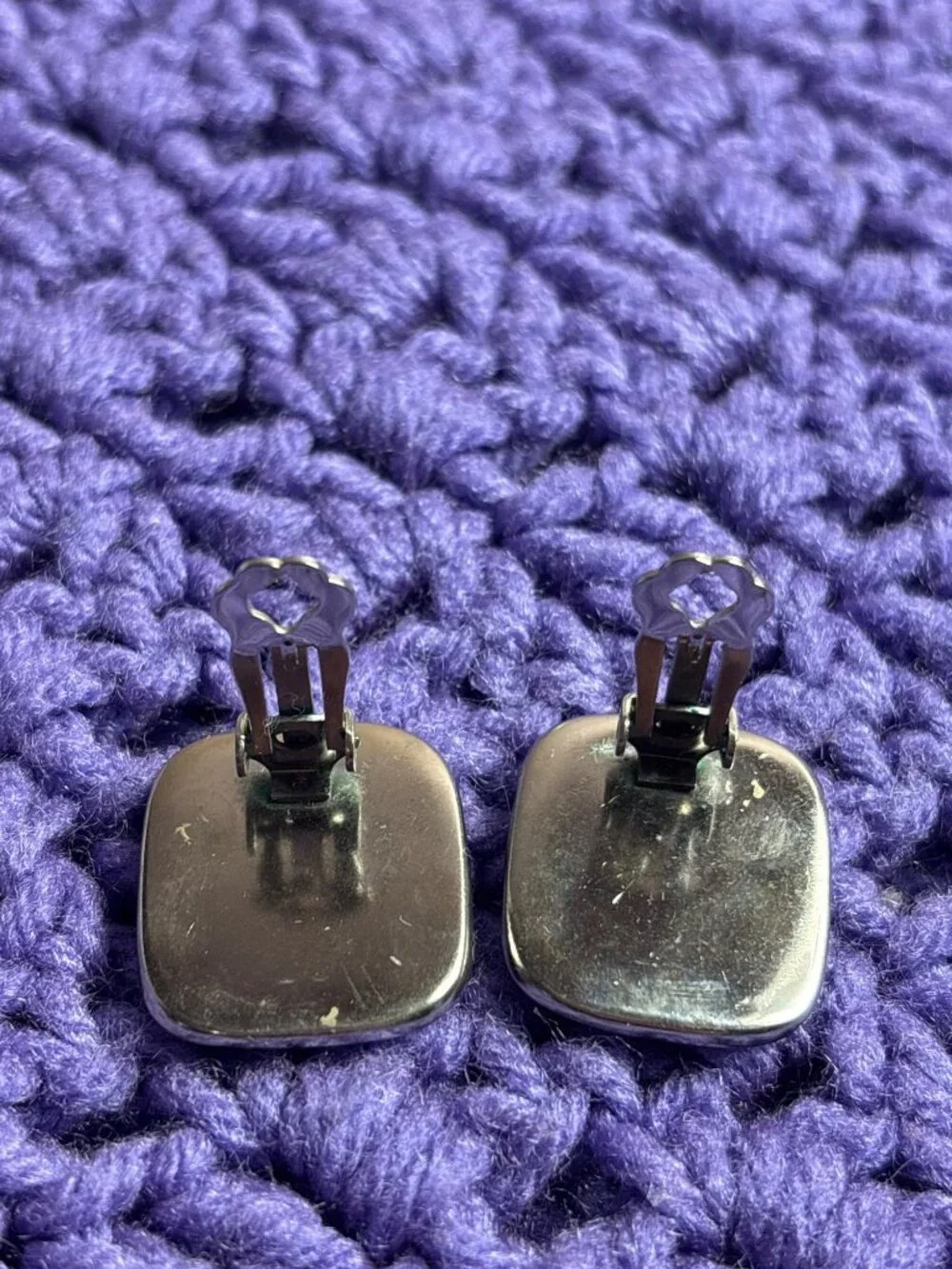 Square Abalone Clip On Earrings Silvertone 1 inch